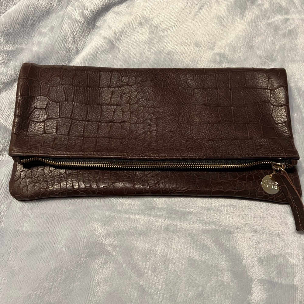Clare V Fold over clutch, chocolate brown, croc embossed.